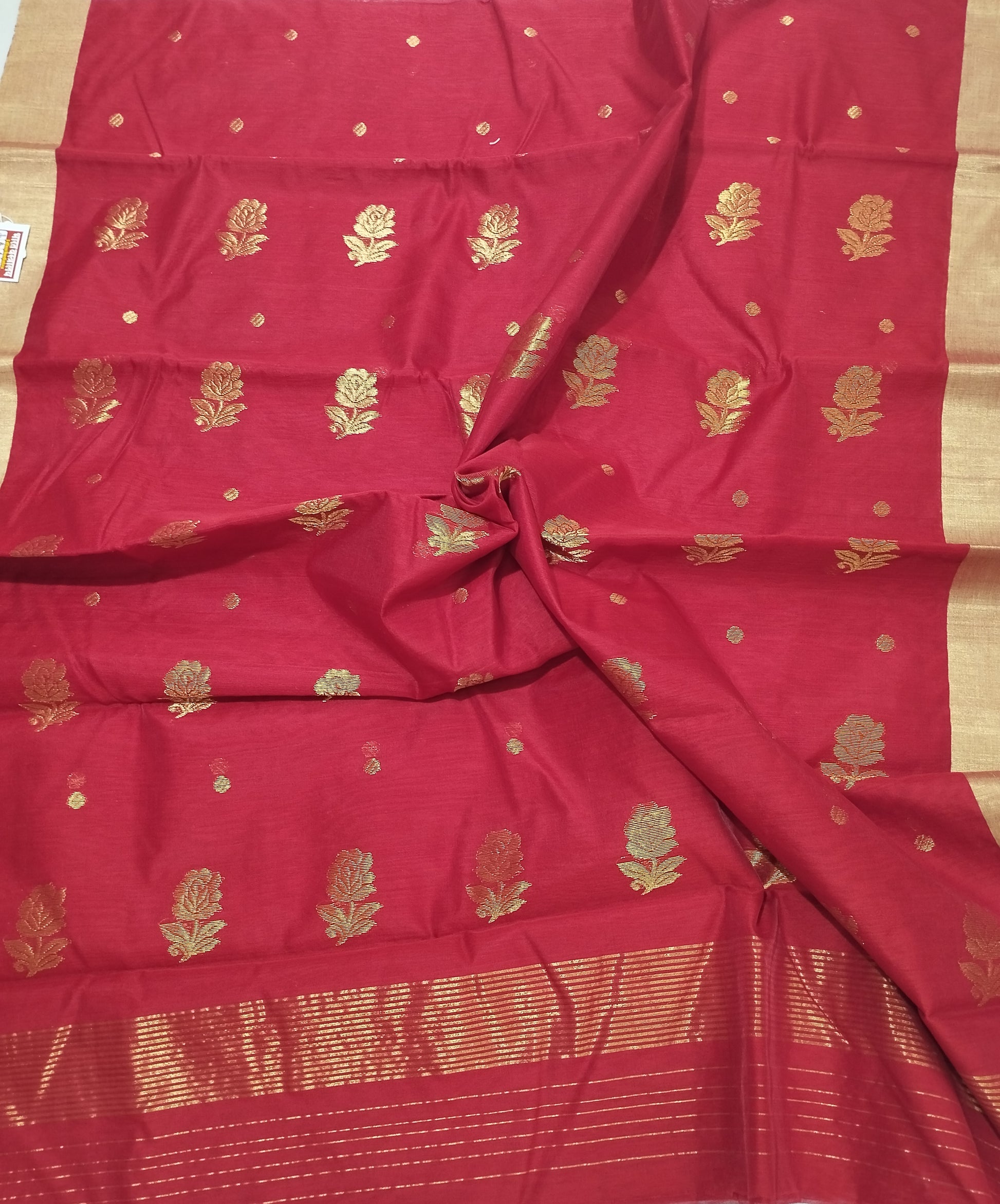 Beautiful Red Silk Cotton Chanderi Saree 2- Artsy India