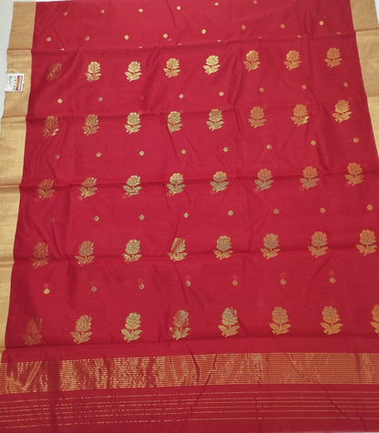 Beautiful Red Silk Cotton Chanderi Saree - Artsy India