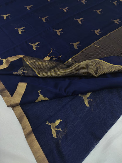 Chanderi Designer Silk Cotton Blue Saree A201 - ArtsyIndia