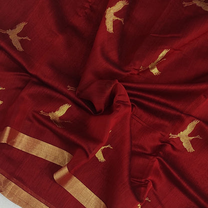 Chanderi Designer Silk Cotton Red Saree A200 - ArtsyIndia