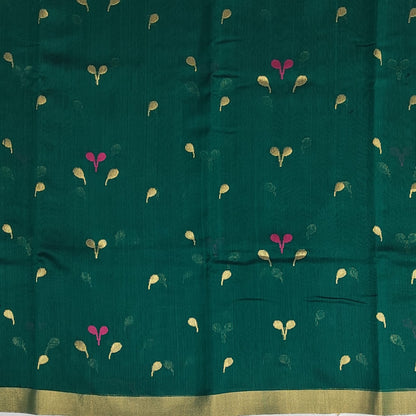 Chanderi Pure Silk Cotton Gold Zari Minakari work green Saree - ArtsyIndia