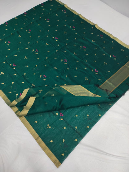 Chanderi Pure Silk Cotton Gold Zari Minakari work green Saree - ArtsyIndia
