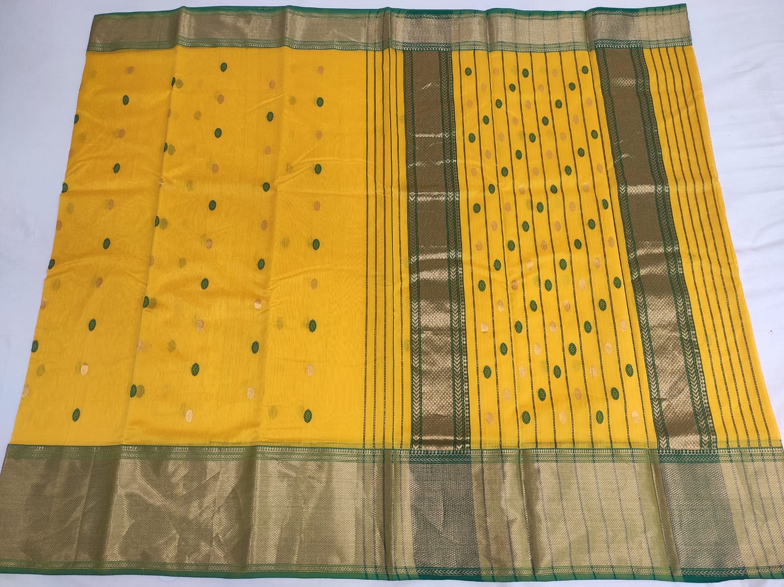 Chanderi Silk Cotton Golden Zari Yellow Saree A212 - ArtsyIndia