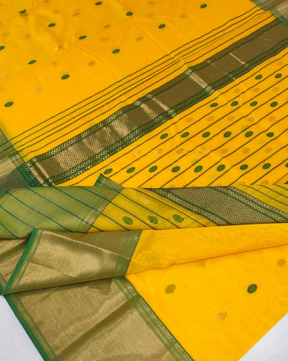 Chanderi Silk Cotton Golden Zari Yellow Saree A212 - ArtsyIndia