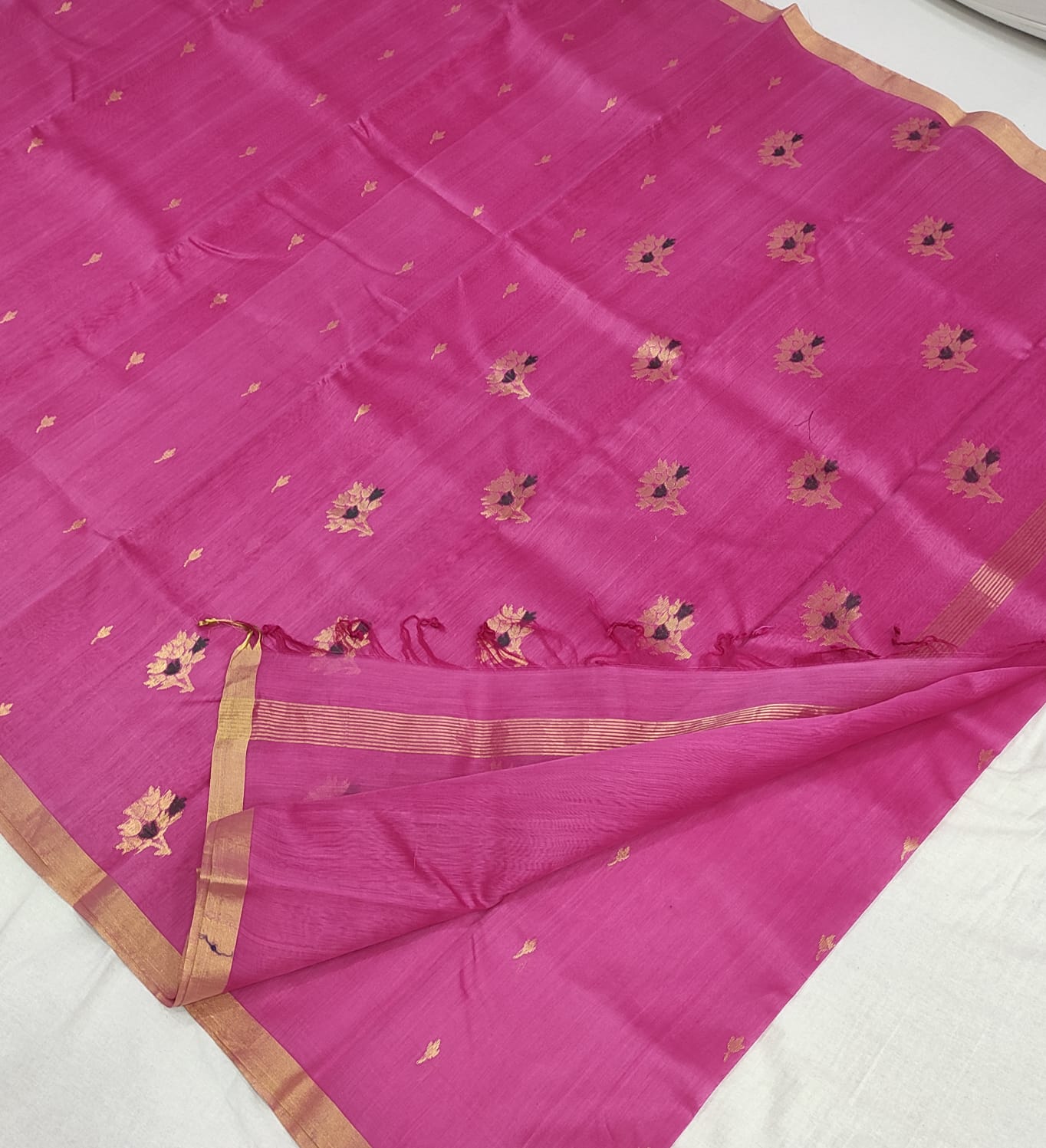 Chanderi Silk Cotton Pink Saree A151 - Artsy India