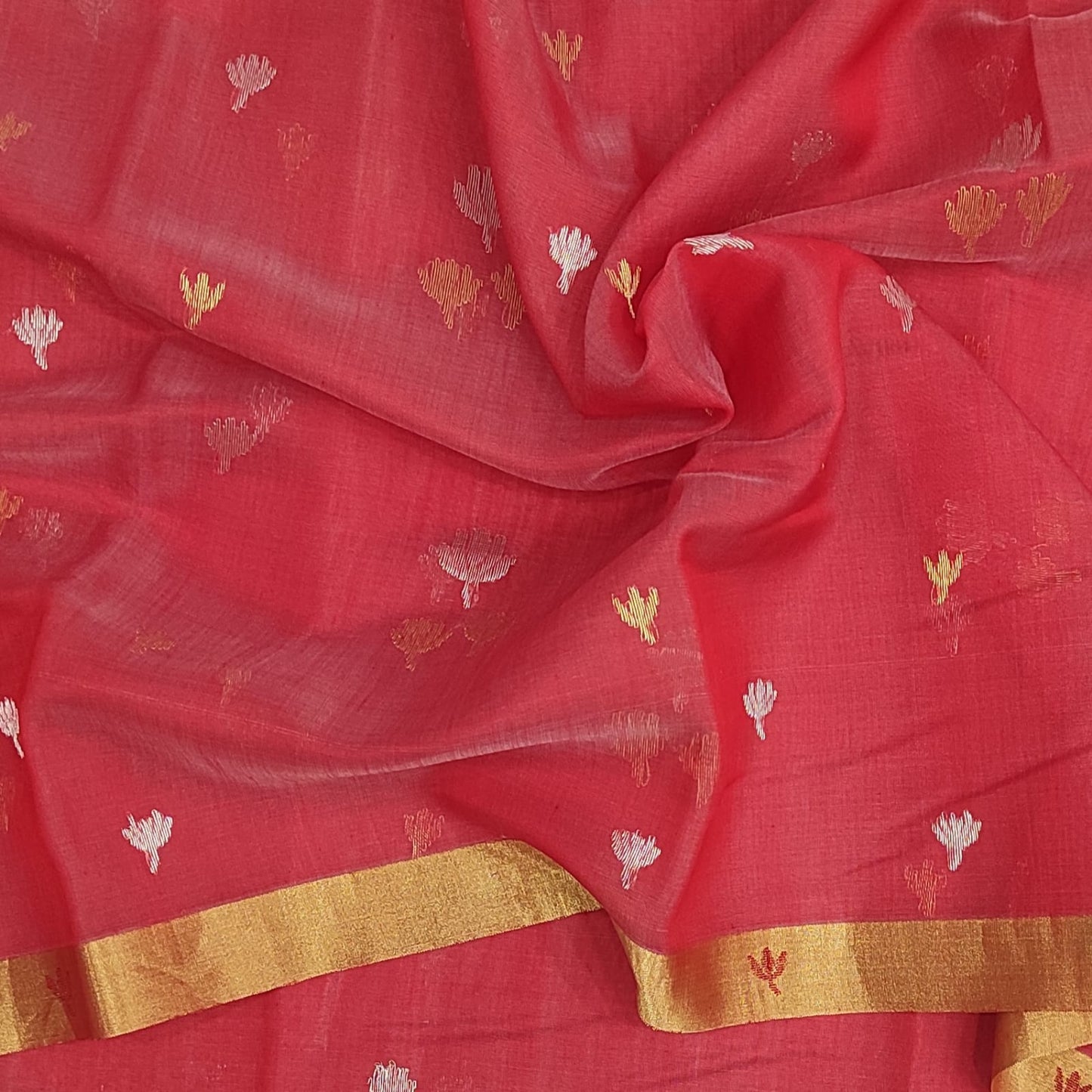 Chanderi Silk Cotton Silver & Gold Zari work Red Saree - ArtsyIndia