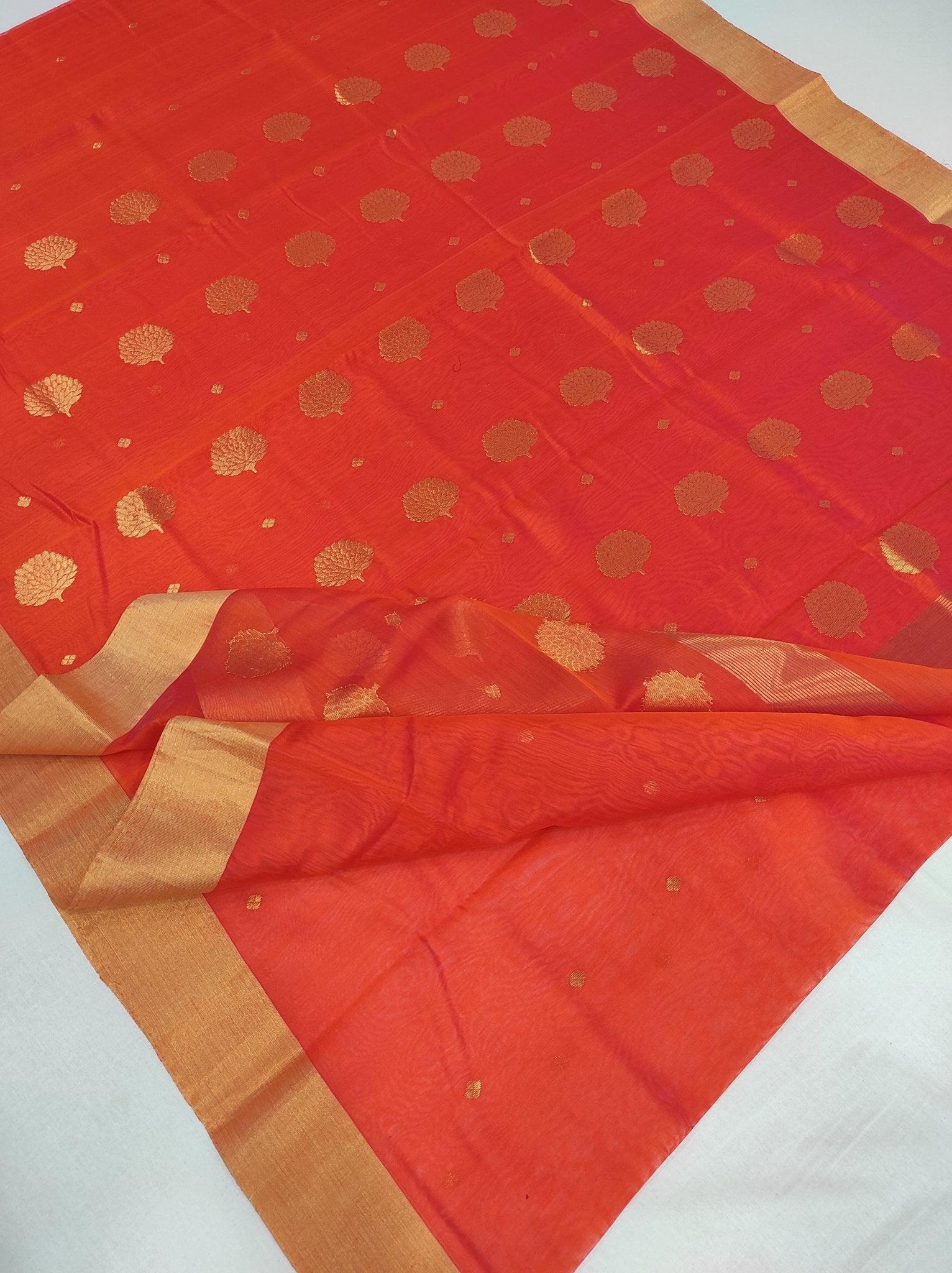 Orange shade Silk Cotton Party wear Saree - ArtsyIndia